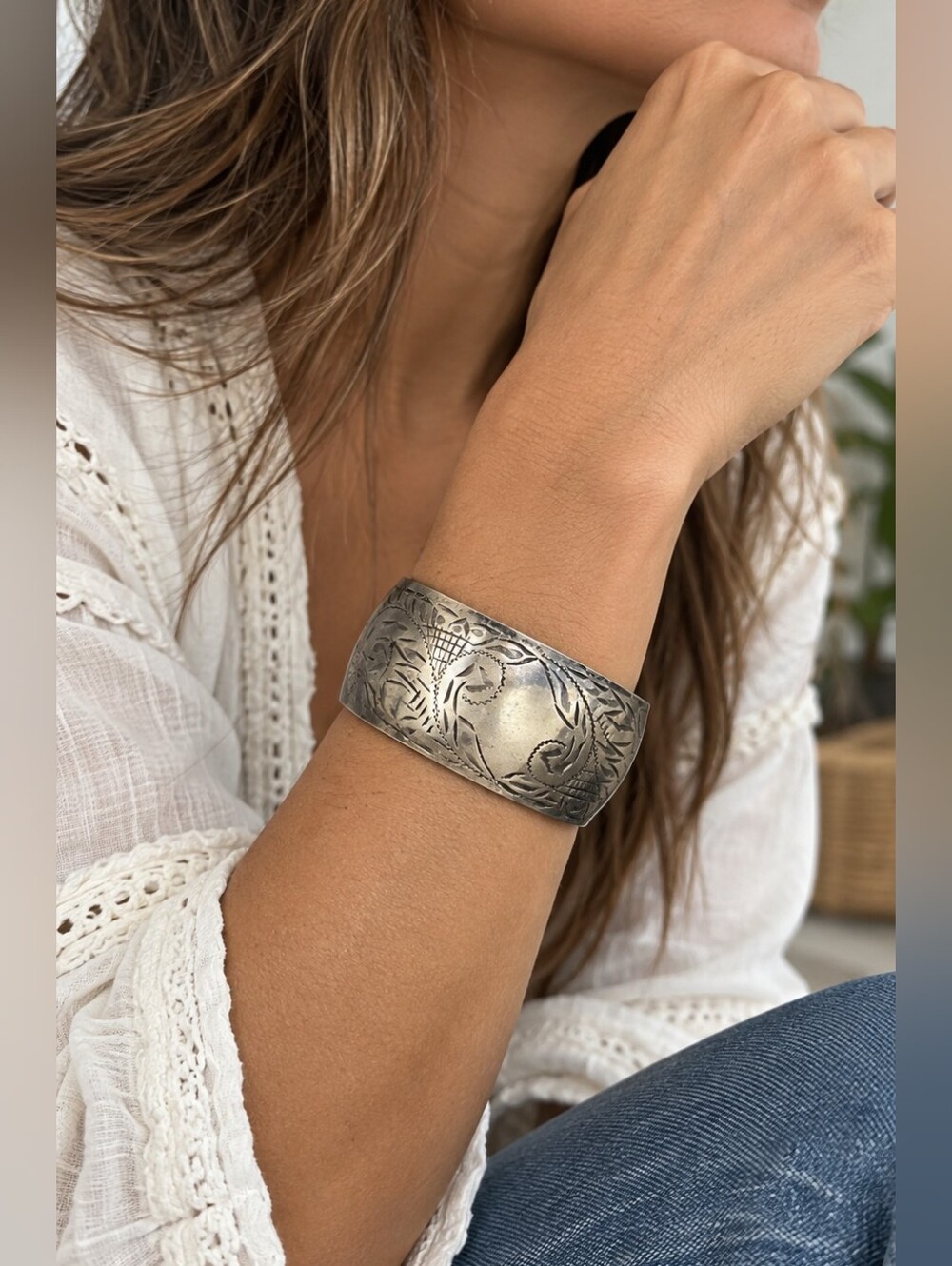 Vintage Sterling Silver M-F Engraved Hinged Cuff Bracelet Floral